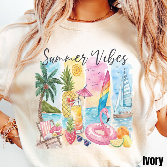 Brushstroke Summer Vibes Shirt, Comfort Colors® Summer Beach Lover Shirt, Coastal Aesthetic Flamingo Tee, Ocean Lover Gift, Beach Vacation